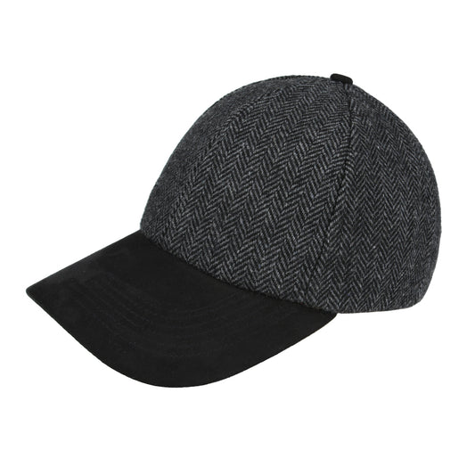 Herringbone With Suede Peak Baseball Cap - Dark Grey