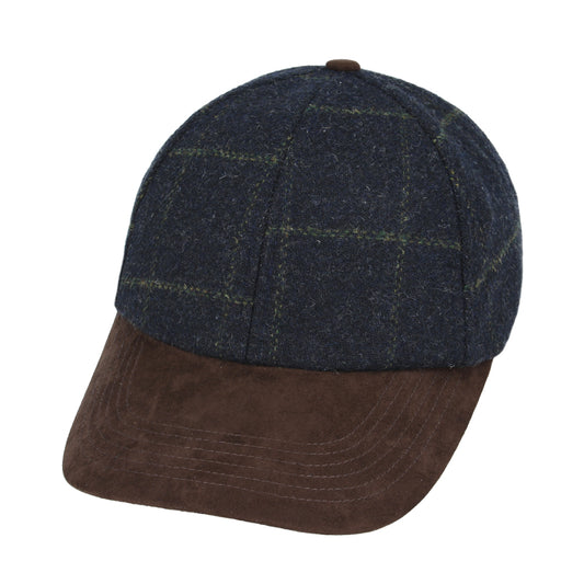 Checked Tweed Suede Baseball Cap - Navy