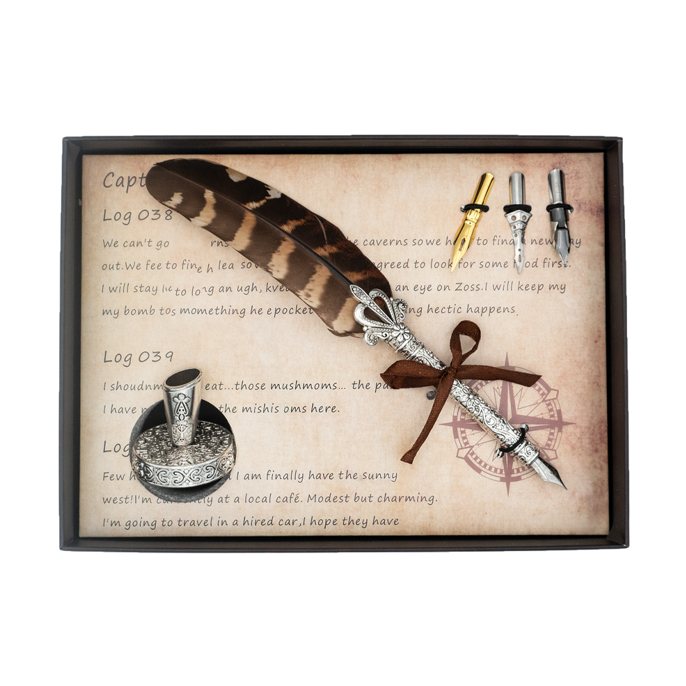 Quill Pen Gift Set With Pen Stand & 3 Nibs -Coffee