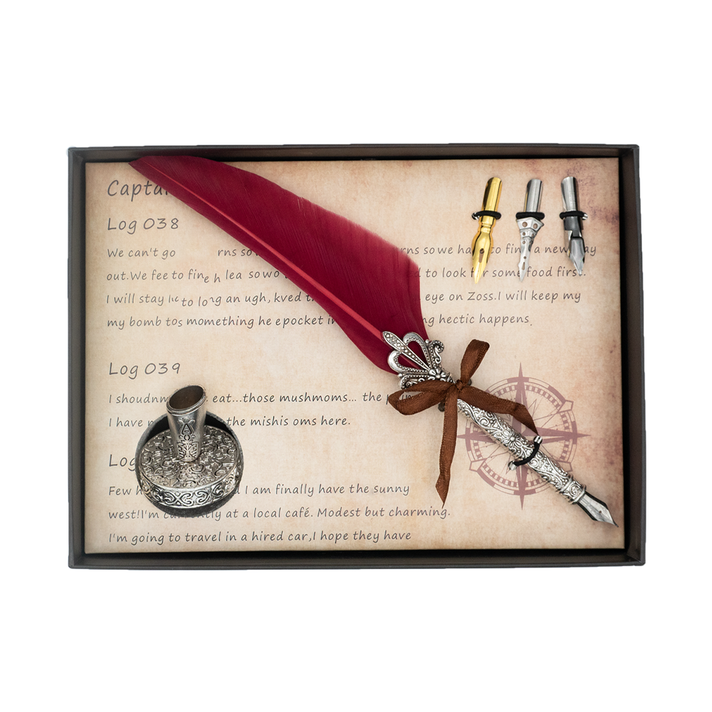Quill Pen Gift Set With Pen, Stand &amp; 3 Nibs – Maroon