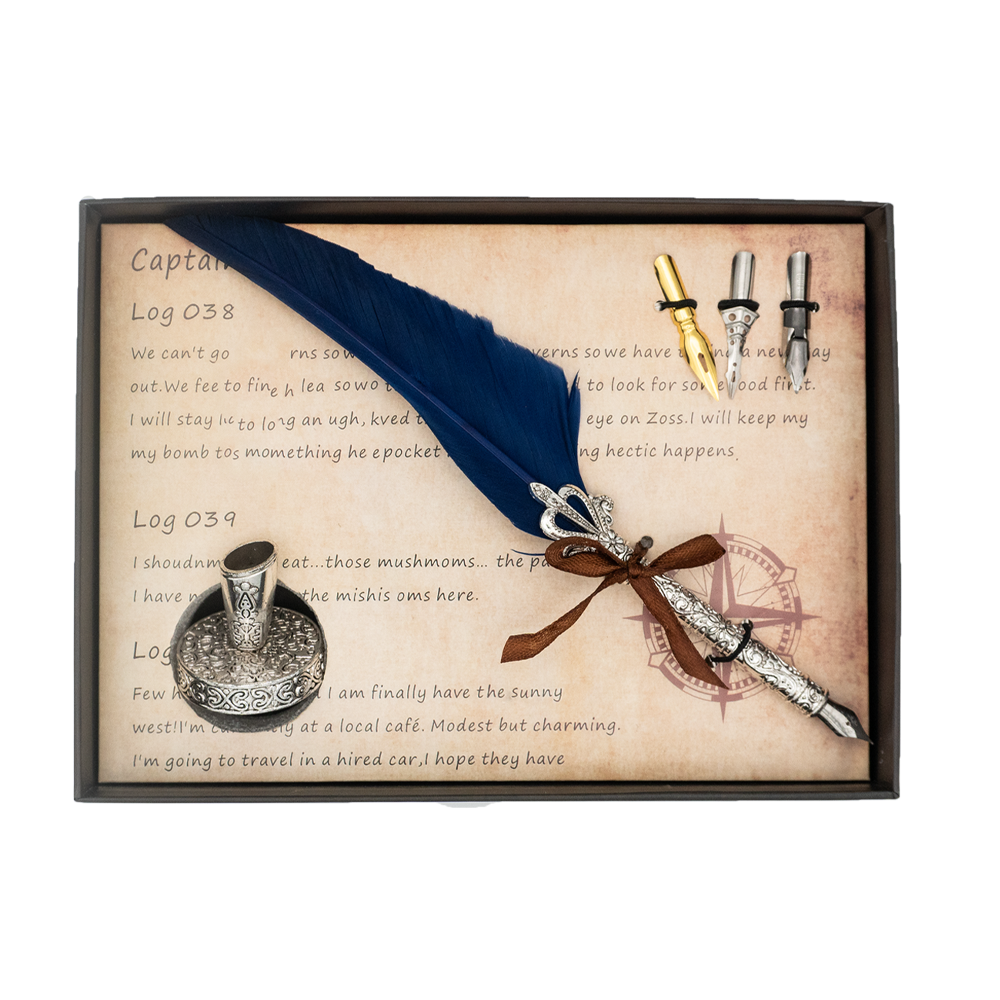 Quill Pen Gift Set With Pen, Stand &amp; 3 Nibs – Navy