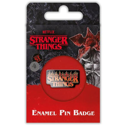 STRANGER THINGS PIN BADGE WITH LOGO ON FIRE