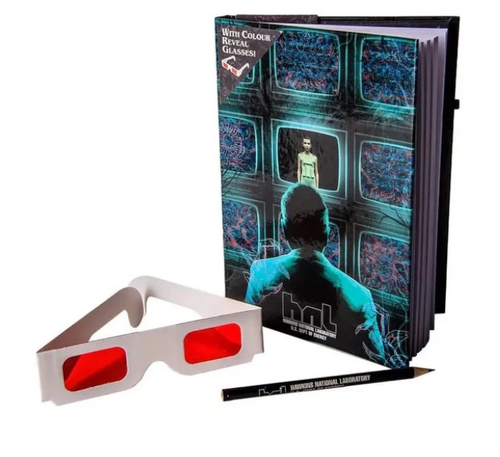 Lab Scene Notebook with Pencil and 3D Glasses
