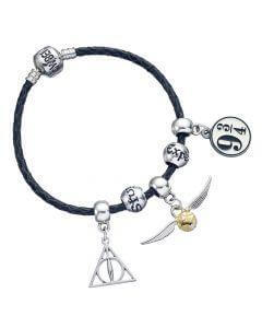 Harry Potter Charm Set Black Leather Bracelet/Deathly Hallows/ Snitch/ Platfrom 9 3/4/ 2